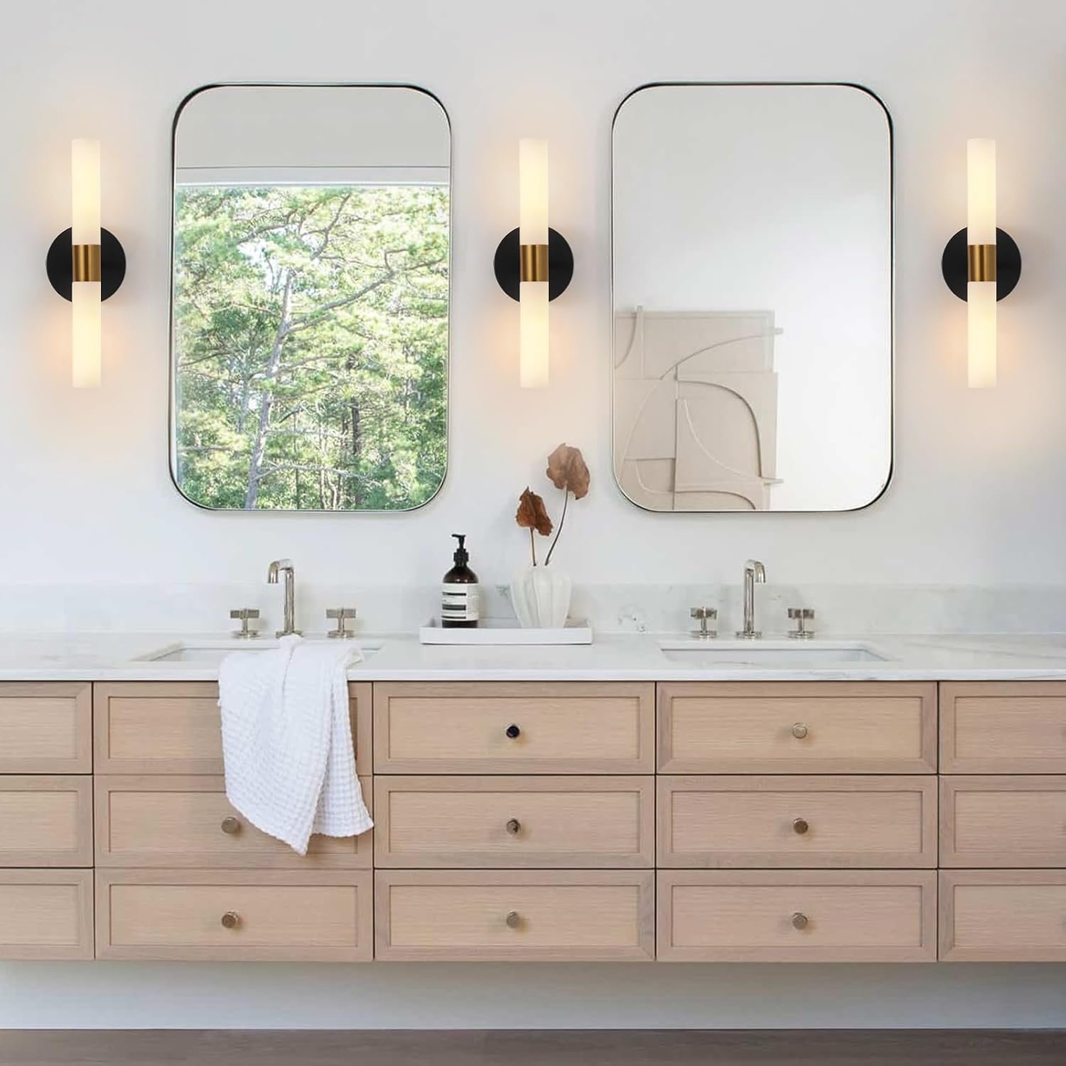 Wall Sconces Set of Two Black and Brass Lamp Sconces Lighting with White Glass Lights Wall Light Sconces Wall Decor Set of 2 for Living Room Wall Scones, Wall Lights