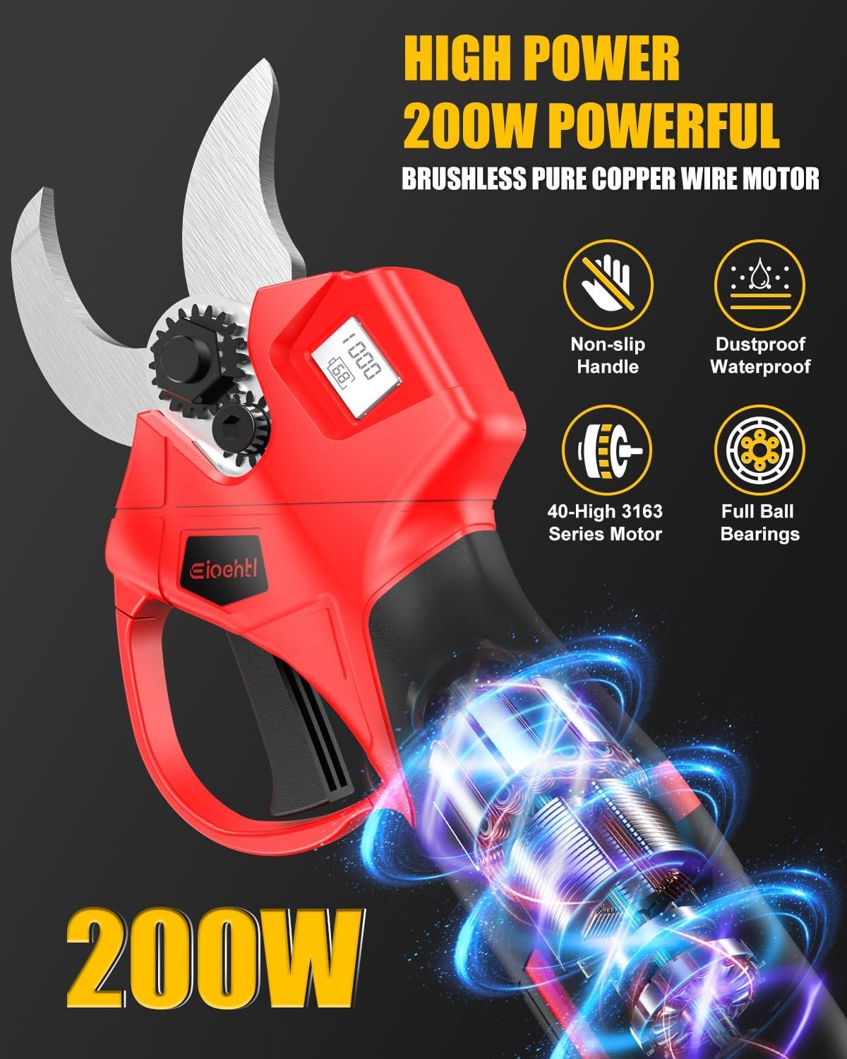 Electric Pruning Shears Cordless, 1.4″ Cutting Diameter, LCD Display with Cutting Count & Battery Level, Powerful Brushless Motor, 2×2000mAh Batteries, Battery Pruner for Garden, Orchard & Fruit Trees