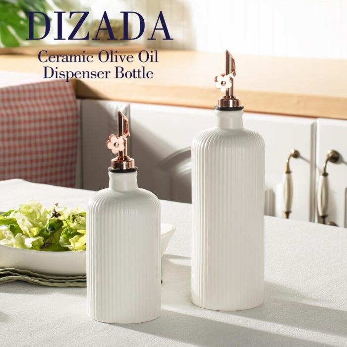 Dizada Olive Oil Dispenser Bottle for Kitchen, (22 Oz+14 Oz) Ceramic Olive Oil and Vinegar Bottles Dispenser with Stainless Steel Spout, Set of 2 - Image 6