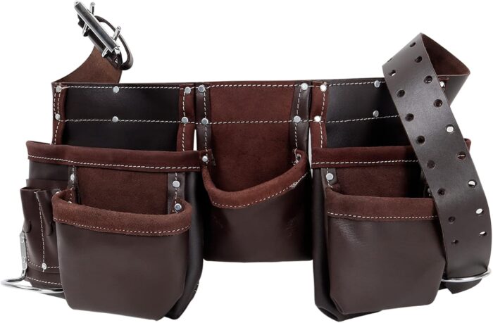 Leather Tool Belt Pouch Bag, Comfort Back Support Tool Pouches with Suspenders for Construction,Framers,Carpenter,Handyman (Black, Extra Large)30" waist size up to 56" (12 POCKET BROWN) - Image 7