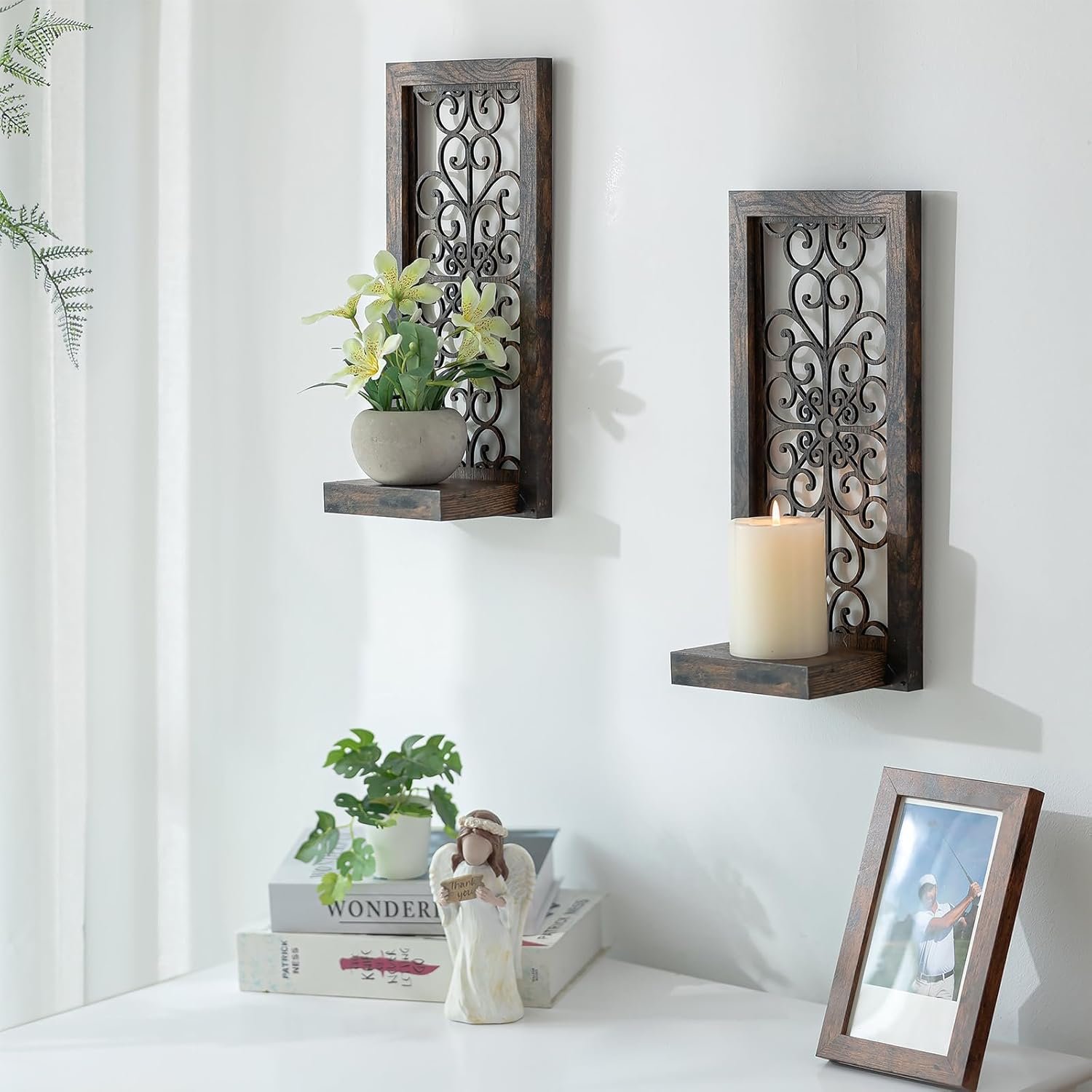 Farmhouse Wall Candle Holder Decor: Rustic Candle Sconces Set of Two for Pillar Candles – Brown Wooden Shelving for Fireplace Bathroom Hallway