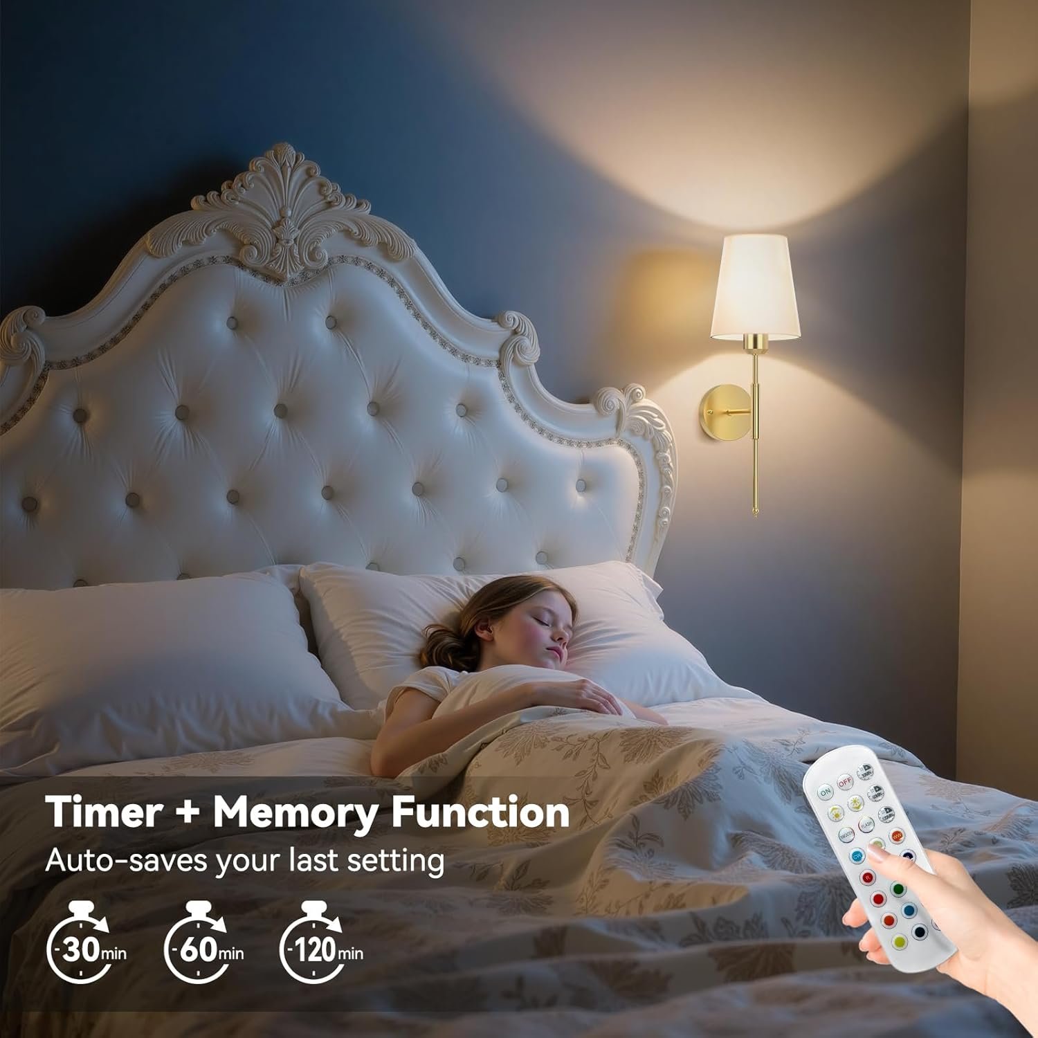 20 inch Battery Operated Wall Sconces Set of 2, Wireless Wall Lights with Rechargeable Bulbs & Remote, 15 Colors & Dimmable, Battery Powered Wall Lights for Bedroom, Living Room, Hallway, Gold