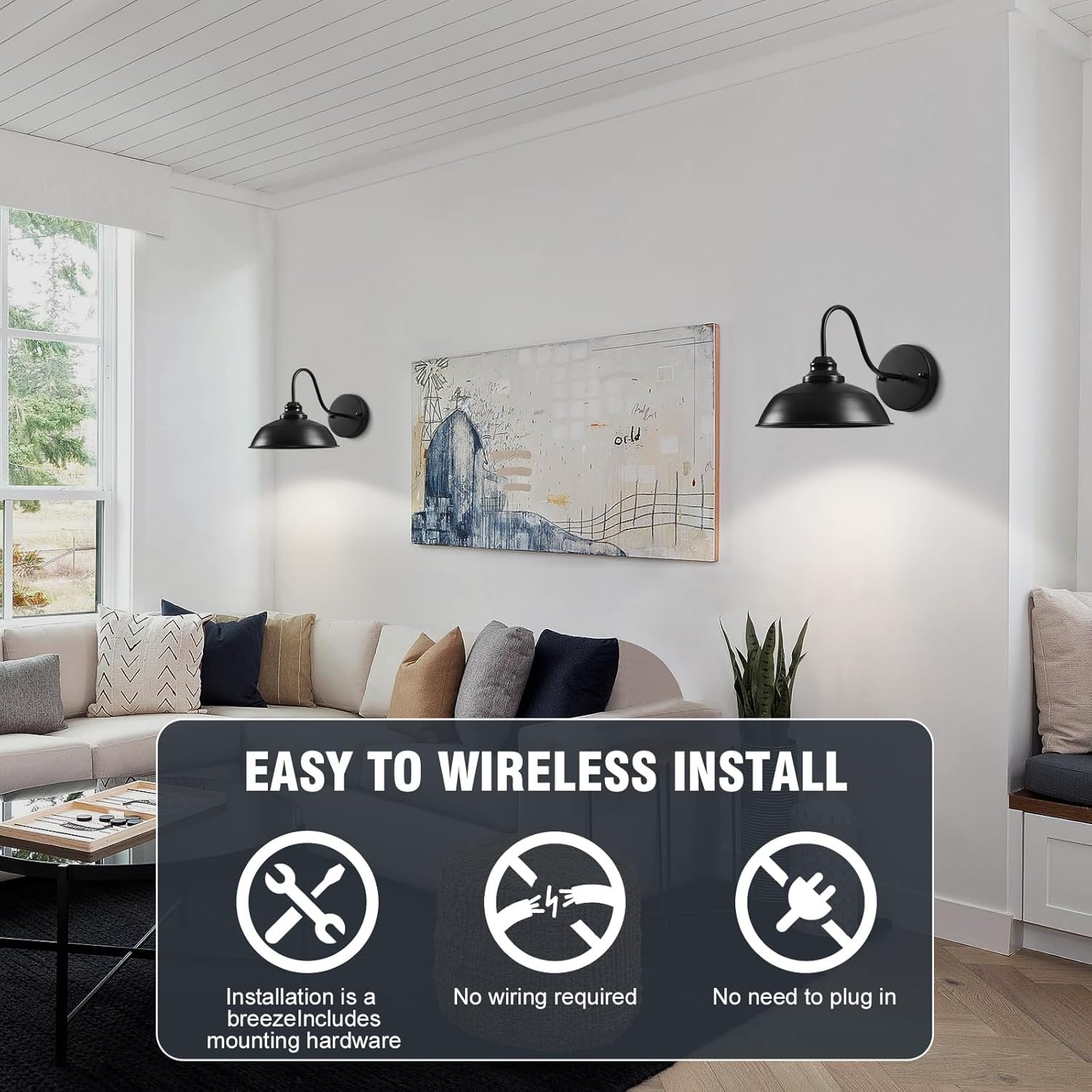 Black Wireless Wall Sconces Set of Two Battery Operated Wall Lights with Remote and Dimmable Bulbs Rechargeable Vintage Gooseneck Wall Lamp for Bedroom, Living Room, Farmhouse