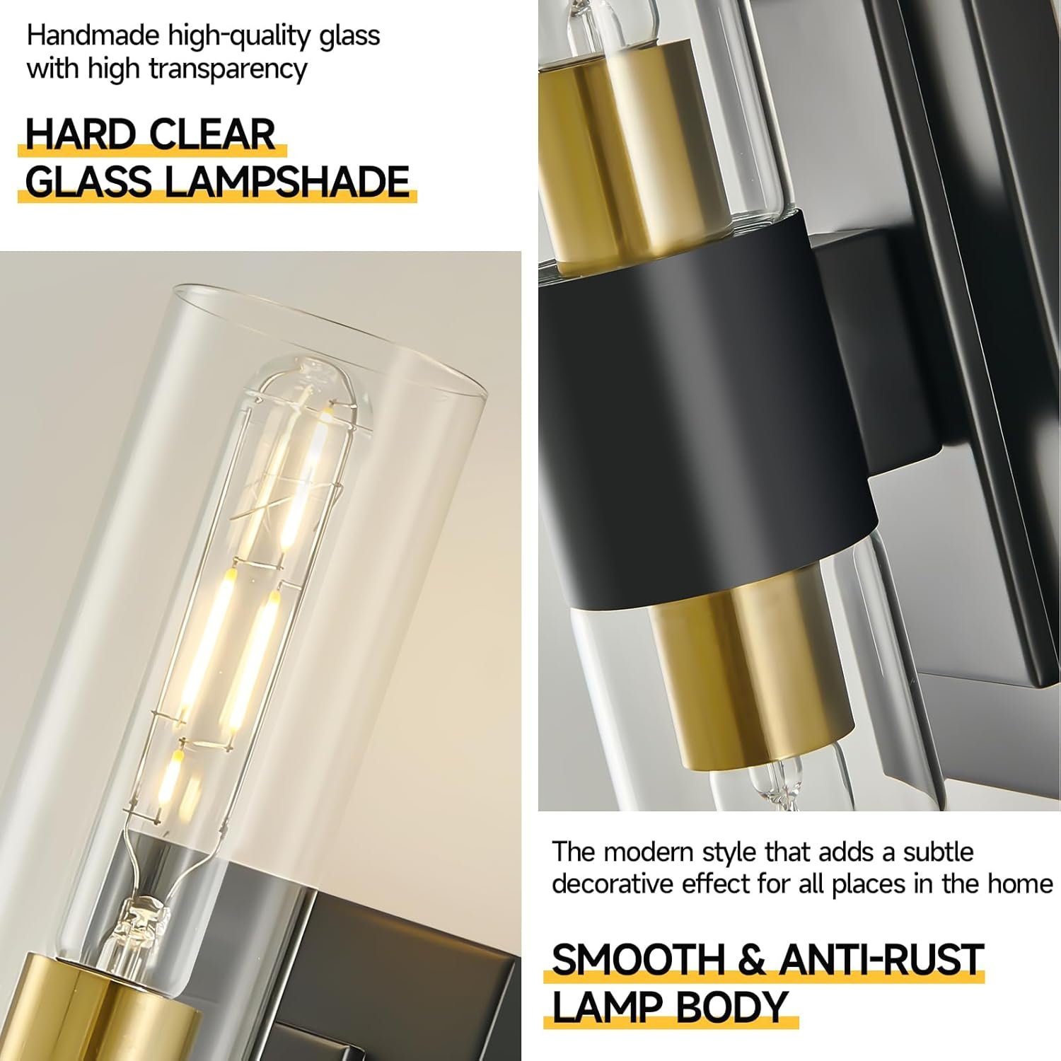 19″ Black and Gold Wall Sconces Set of Two,Modern Bathroom Light Fixtures,2-Light Vanity Lights for Mirror,Indoor Wall Lamp Wall Mount Hardwired Light for Bedroom with Clear Glass E26 Base