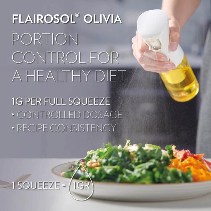 FLAIROSOL OLIVIA. The Original Advanced Oil Sprayer for Cooking, Salads, BBQs and More, Continuous Spray with Portion Control, Trusted by Chefs. Patented Technology. (Glass Bottle) (Golden Leaves) - Image 3