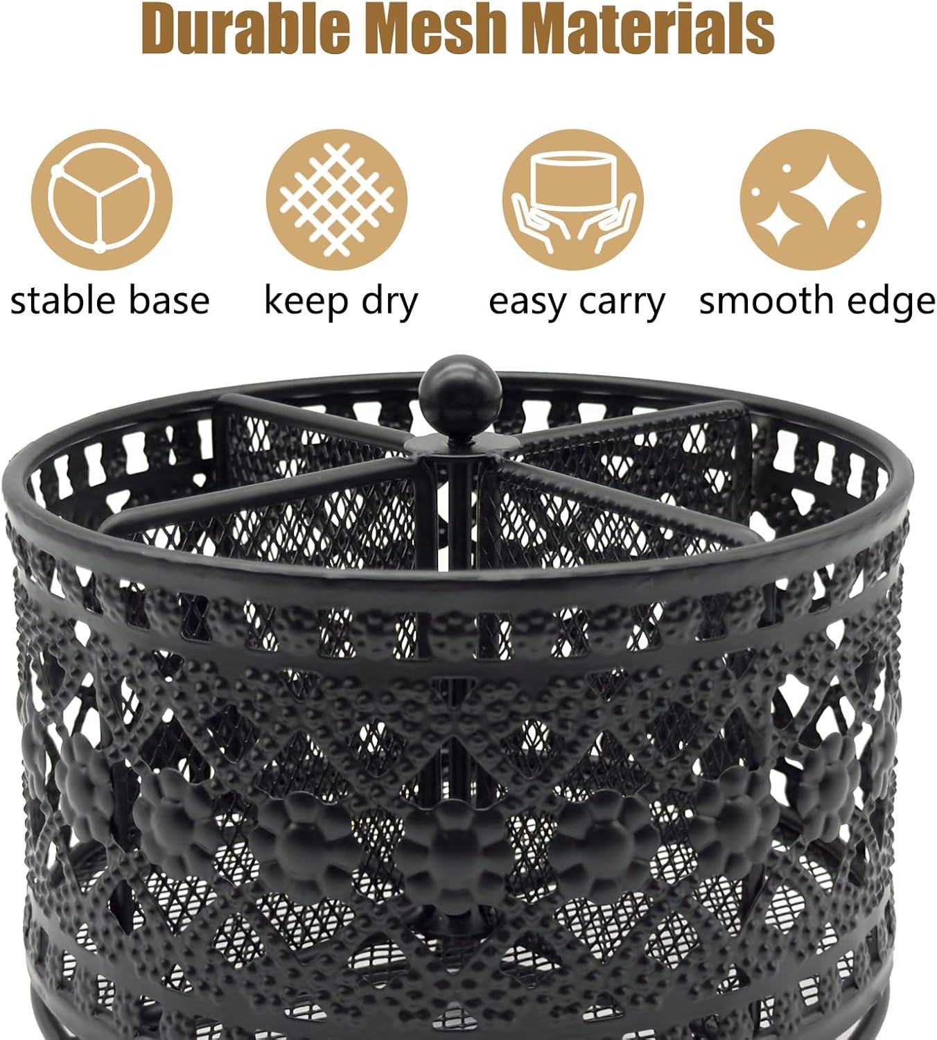 360° Rotating Metal Utensil Caddy – 4 Compartment Vintage Silverware Cutlery Holder Fork Spoon Napkin Organizer Flatware Storage Basket Party Countertop Buffet Picnic Camping Outdoor Black