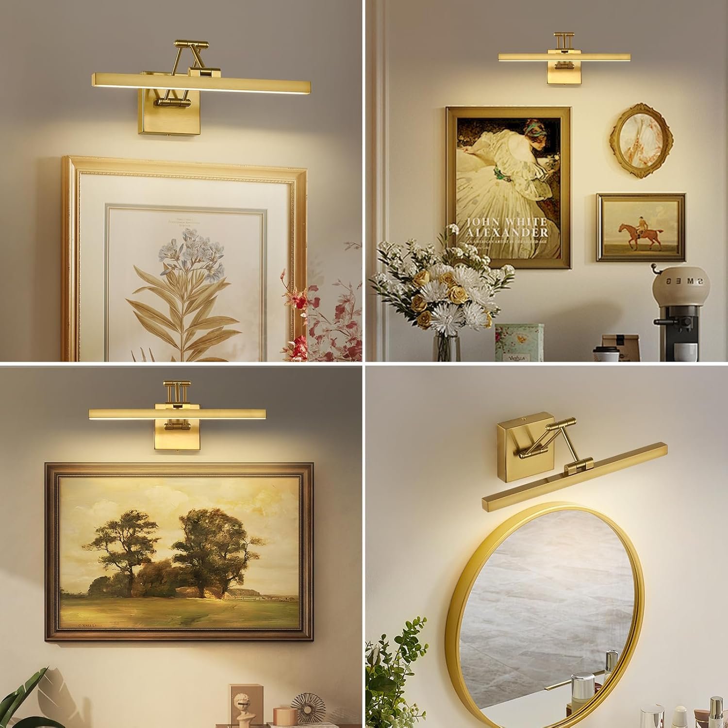 Hard-Wired Picture Light Dimmable LED Picture Lights for Paintings 15.7″ Inch Brass Metal Body Wall Pictures with Adjustable Gold Swing Arm Art Display Lamps 7W 3000K Warm White Book Light