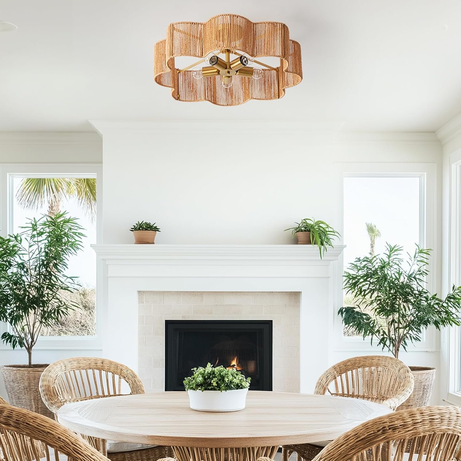 21” Rattan Light Fixtures Ceiling Light， Wicker Boho Chandelier with Hand Woven Brushed Brass Finish Flower Shade for Kids Room Bedroom Laundry Room Cloak Room 5-Light