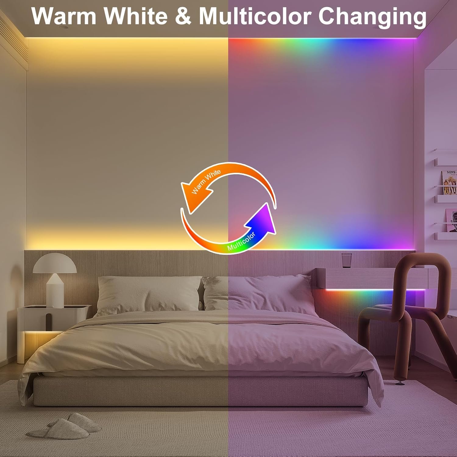 echosari LED Strip Lights Battery Operated, 10Ft 108 LED Dual Color Changing Strip Lights with Remote Cuttable Adhesive Lights Strip for Bedroom Party Decoration (Warm White & Multicolor)