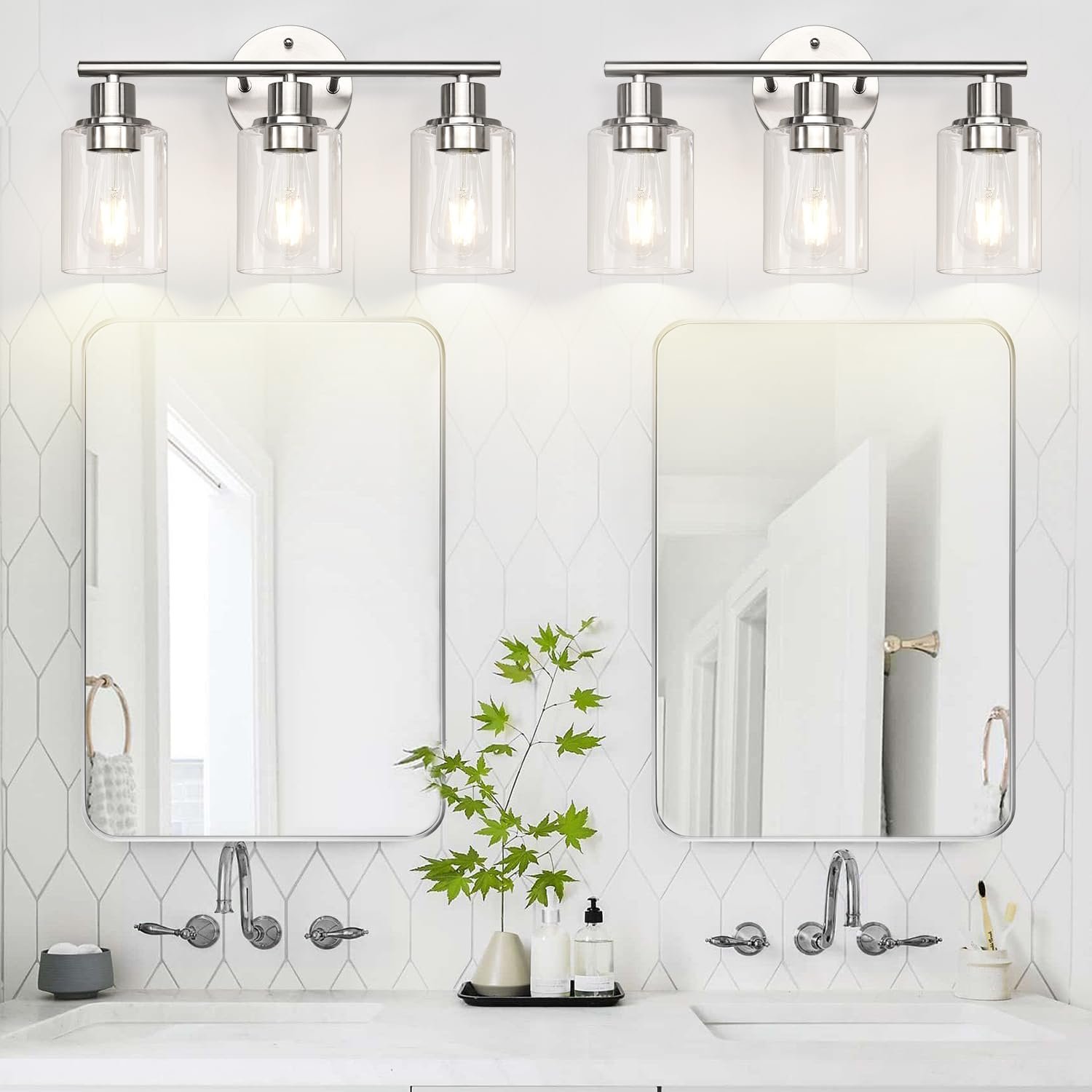 3-Light Bathroom Light Fixtures, Brushed Nickel Vanity Light, Farmhouse Wall Lights with Clear Glass Shade, Bathroom Wall Lamp for Mirror Kitchen Bedroom Hallway Living Room Hallway Cabinet