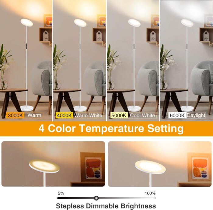 OUTON Floor Lamp, 30W/3000LM LED Modern Torchiere Sky Lamp, Bright Dimmable Standing Tall Lamp with 4 Color Temperatures, Remote Touch Control, 1 Hour Timer for Living Room Bedroom Office, White - Image 2