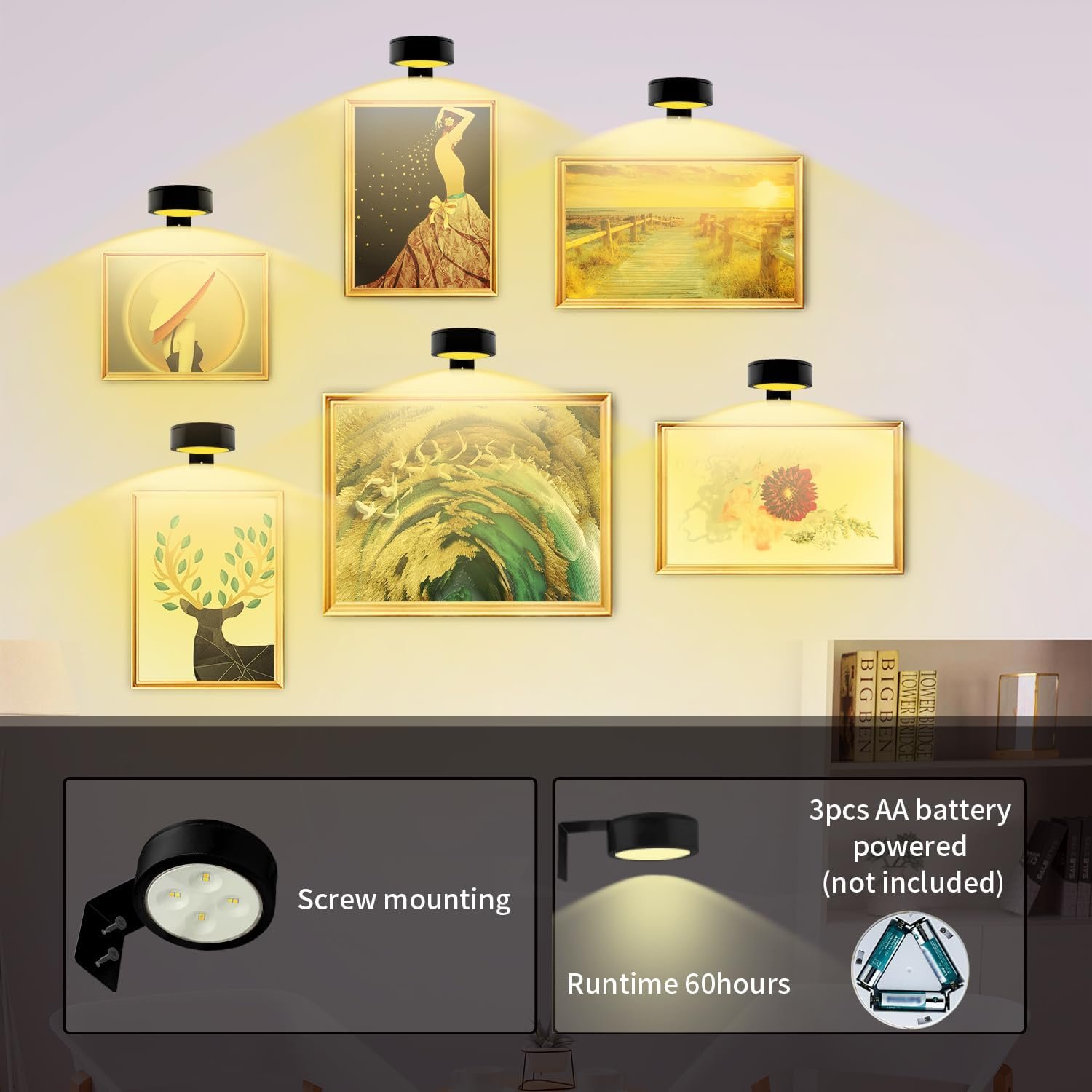 3PACK Picture Light Battery Operated with Remote, Painting Light for Wall Art with 3 Lighting Colors Dimmable, LED Art Display Accent Light on Wall for Poster Dartboard Frame Portrait Black