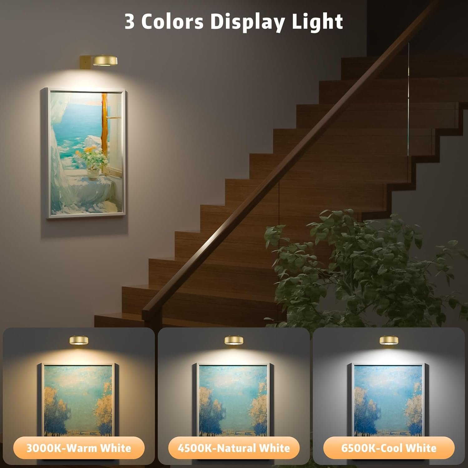 3PCS Picture Lights with Remote, Wireless Rechargeable Battery Wall Light for Paintings, 3 Colors Paintings Light Dimmable and Timer Metal Art Light for Display, Wall, Artwork, Gallery (Gold)