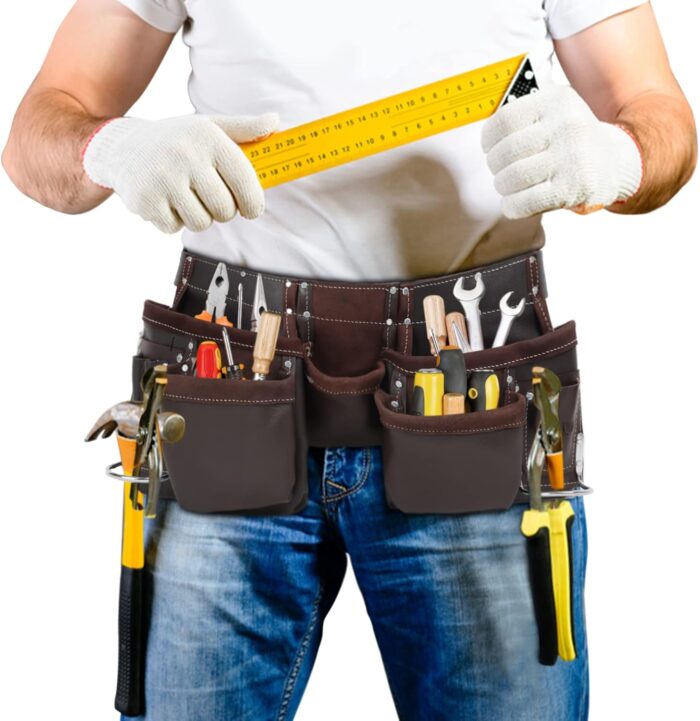 Leather Tool Belt Pouch Bag, Comfort Back Support Tool Pouches with Suspenders for Construction,Framers,Carpenter,Handyman (Black, Extra Large)30" waist size up to 56" (12 POCKET BROWN) - Image 2