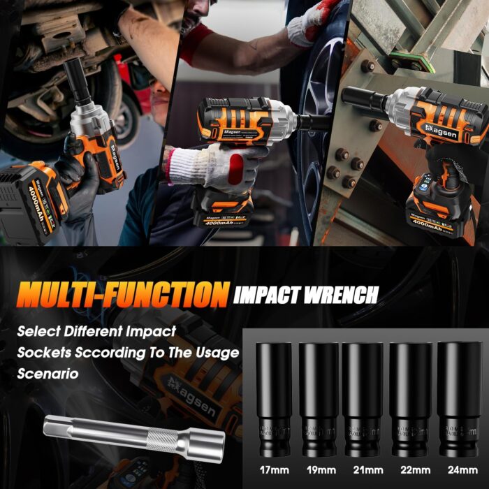 1/2 inch Cordless Impact Wrench, 900Ft-lbs (1200N.m) High Torque Brushless Impact Gun,3800RPM,2x4000mAh Battery, 6 Sockets,LED Light,Electric Impact Motor Variable Speeds for Car/Mower/Pickup - Image 6