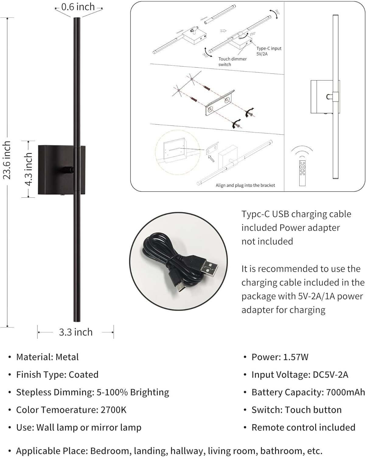 KDG Cordless Wall Sconces Set of 2, Wireless 7000mAh Rechargeable Battery Operated LED Wall Lamps with Remote, 360° Rotate Lightings for Wall Painting, Bedroom, Hallway, Night Light 23.6 inch (Black)