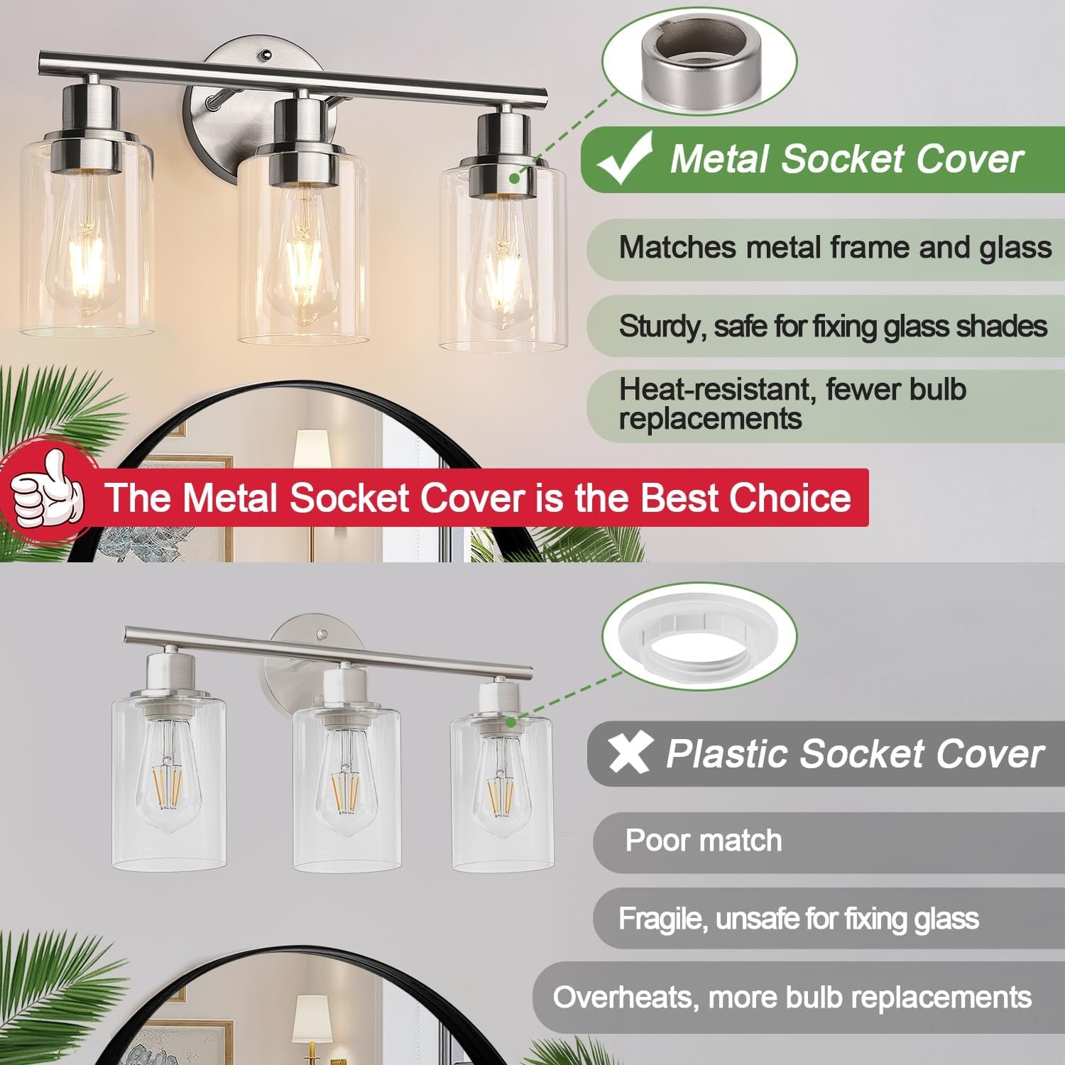 3-Light Bathroom Light Fixtures, Brushed Nickel Vanity Light, Farmhouse Wall Lights with Clear Glass Shade, Bathroom Wall Lamp for Mirror Kitchen Bedroom Hallway Living Room Hallway Cabinet
