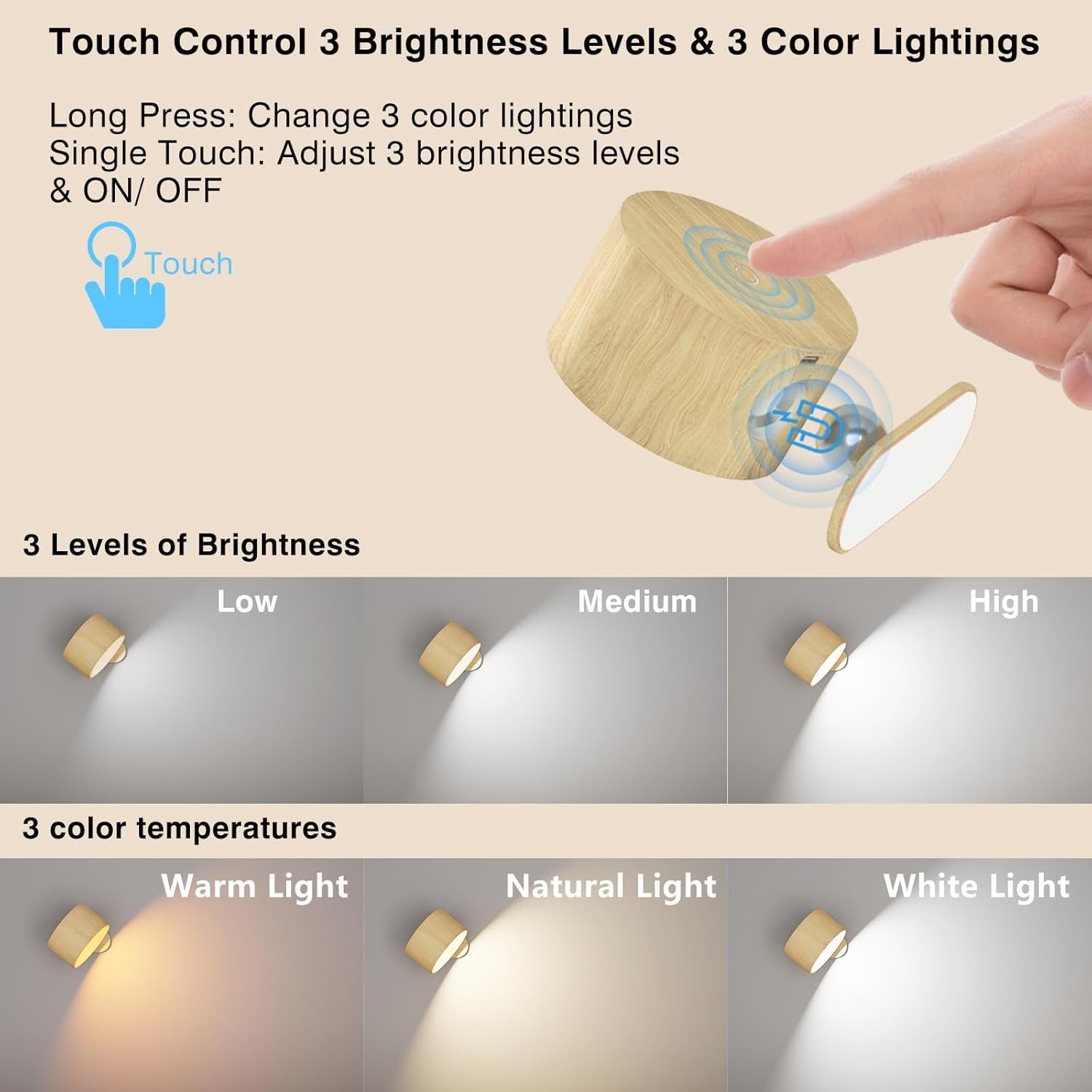 Battery Operated Wall Light, LED Wall Sconce with 3 Color Modes 3 Brightness Levels 360°Rotation Lighting Touch Control, Wall Mounted Lamp Cordless Wall Lamp for Bedroom Reading Bedside-1Pack