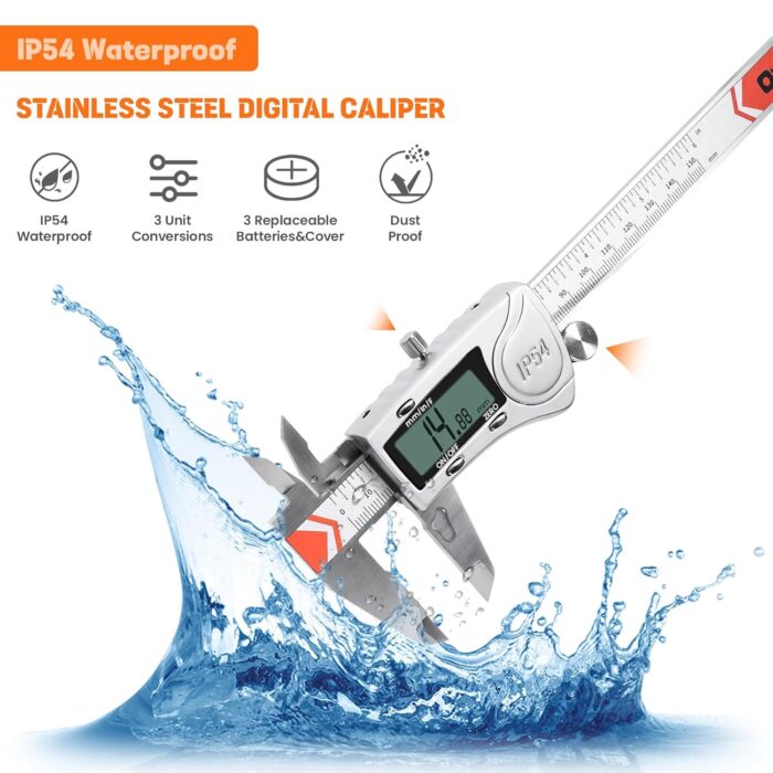 HARDELL Digital Caliper, IP54 Waterproof Caliper Measuring Tool with 3-Batteries & Extra Cover, All Stainless Steel Heavy-Duty Vernier Caliper Micrometer, Inch/MM/Fraction for DIY/3D-Printing - Image 4