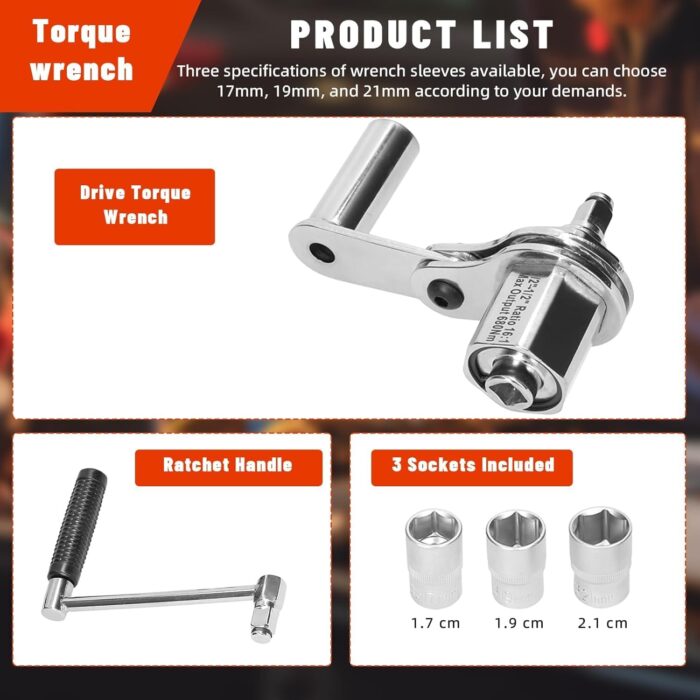 Torque Multiplier Wrench Set - 1:16 Torsional Torque Wrench Lug Nut Remover Tool Set Labor Saving Torque Multiplier 1/2 Drive with 17mm/19mm/21mm Sockets for Loosening Car Tire Lug Nuts - Image 5