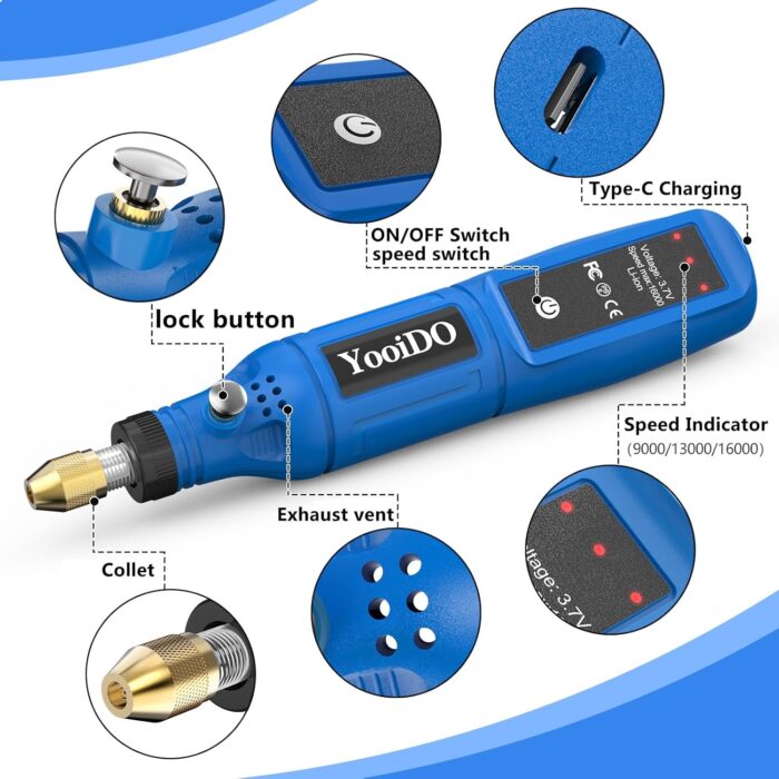 Mini Cordless Rotary, mini drill,3-Speed 3.7V rechargeable Kit with 42 Accessories, 16000rpm Multi-Purpose Power Tool for Sanding, Polishing, Grinding, Drilling, Engraving, DIY Crafts (Blue) - Image 2