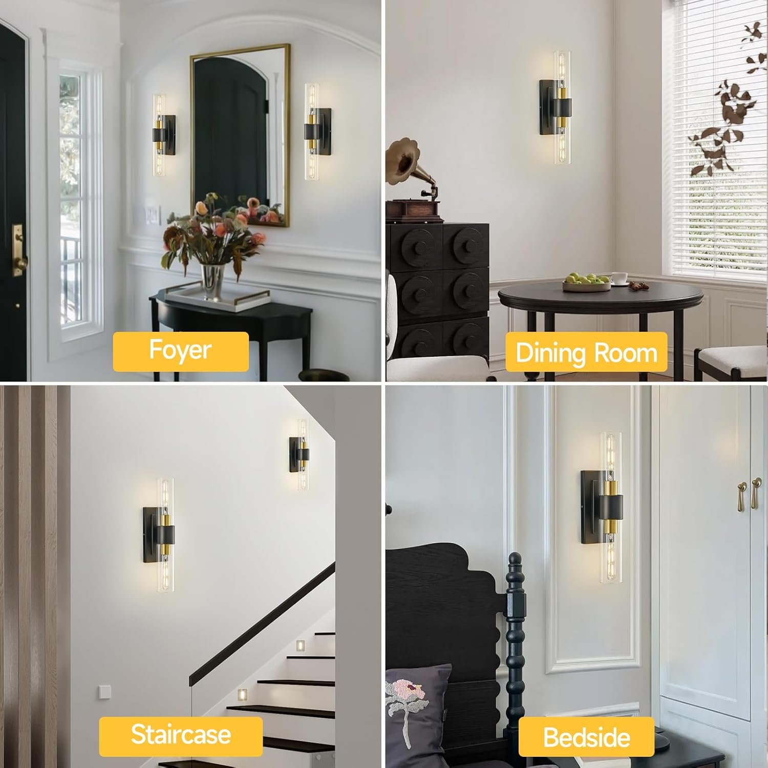 19″ Black and Gold Wall Sconces Set of Two,Modern Bathroom Light Fixtures,2-Light Vanity Lights for Mirror,Indoor Wall Lamp Wall Mount Hardwired Light for Bedroom with Clear Glass E26 Base