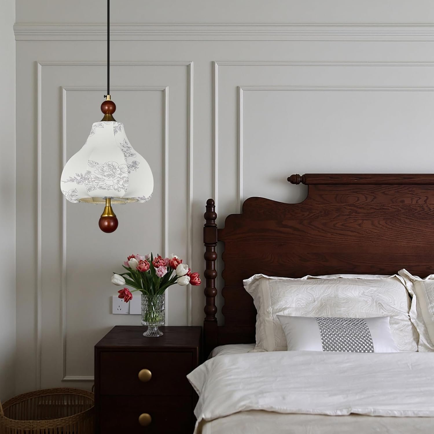 Fabric Pendant Light, Modern Wood Single Head Hanging Lamp, Brass Finished Adjustable Pendant Lighting Fixture,Vintage Chandelier for Bedside, Hallway, Bedroom, Kitchen Island, Restaurant