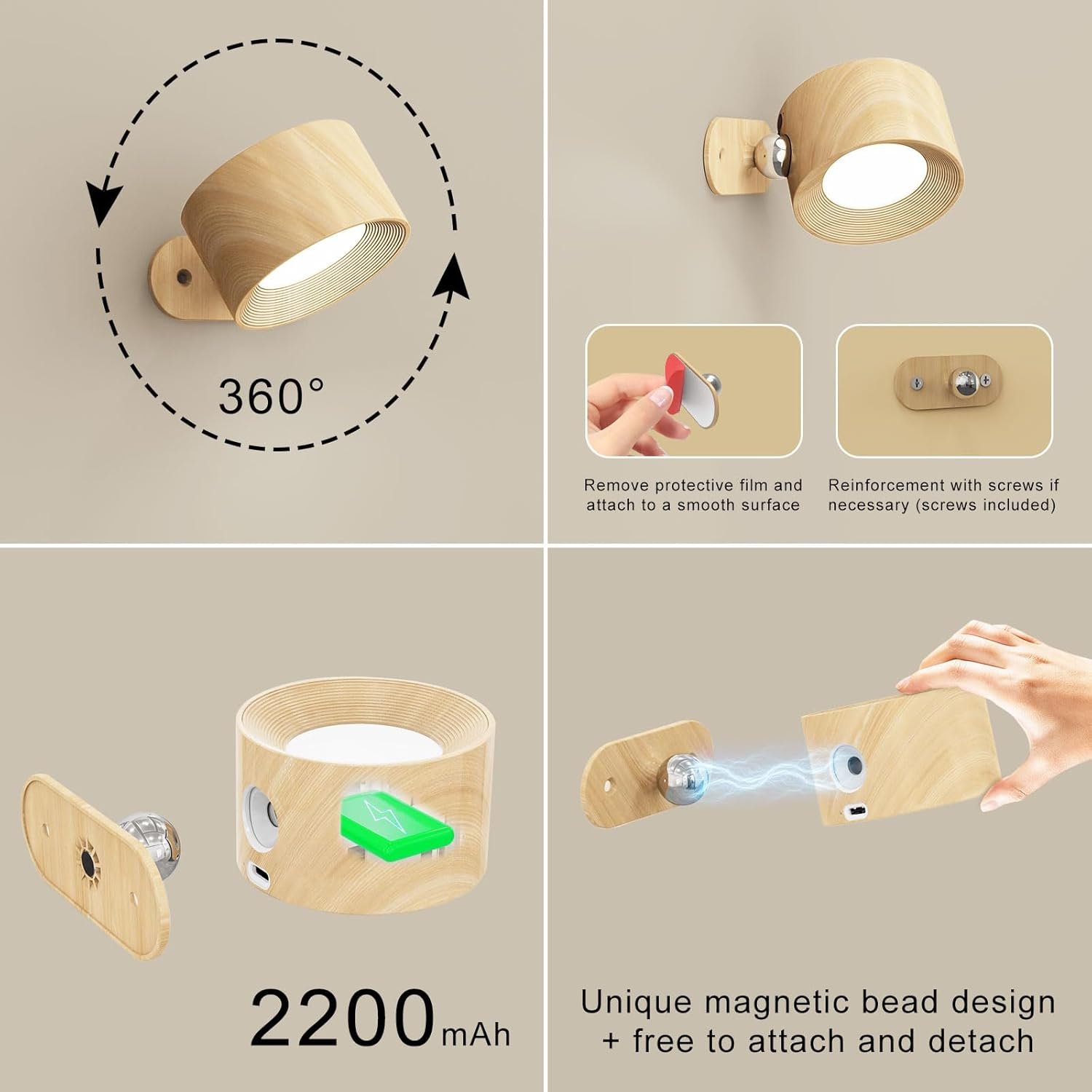 2Pack Battery Operated Wall Sconce, 3 Color Modes 3 Brightness Levels 360°Rotation Lighting Touch Control, Wall Mounted Lamp LED Wall Lights for Bedroom Reading Bedside, Wall Sconces Set of Two