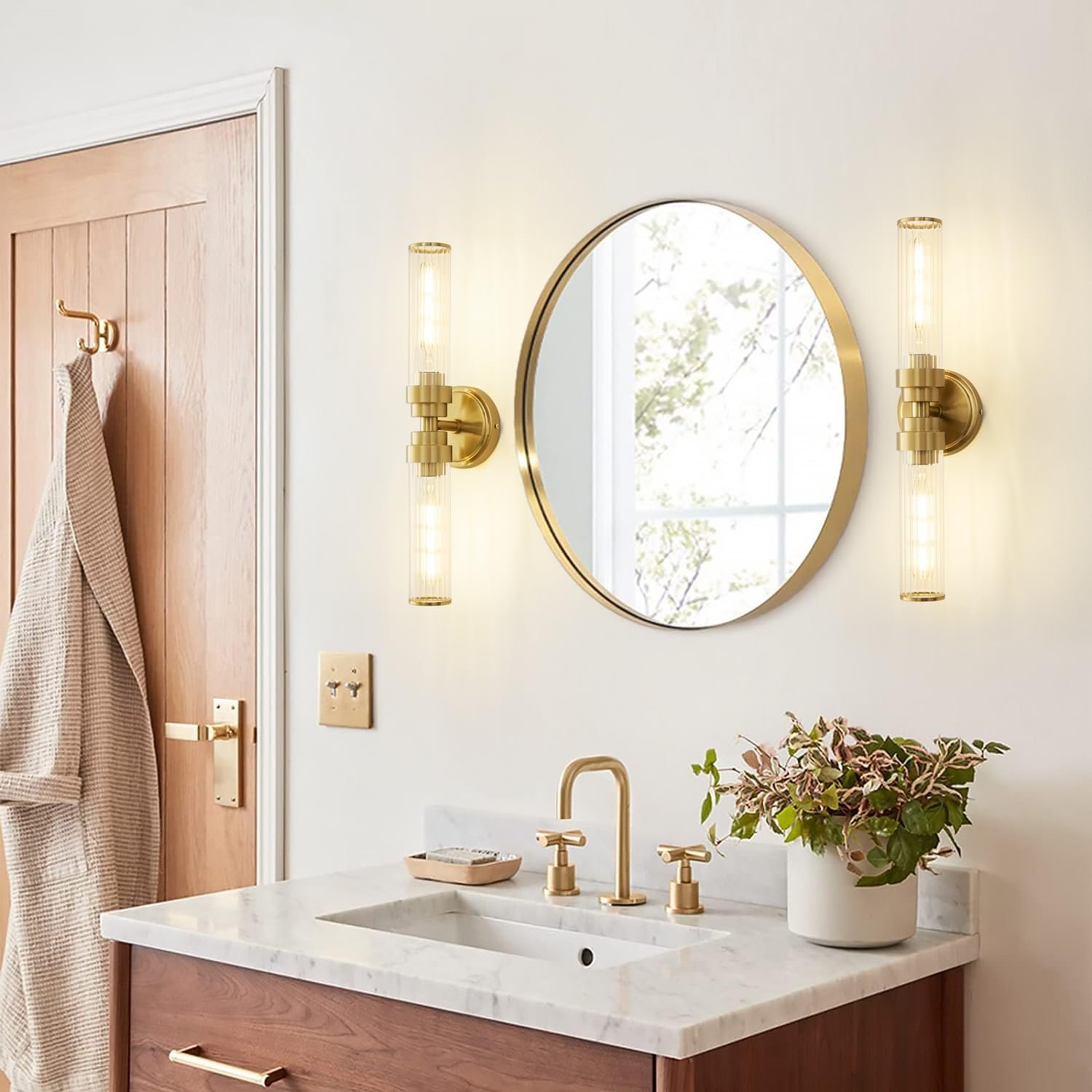 Bathroom Light Fixtures, Gold Wall Sconce in Threaded Glass Indoor Vanity Lights, Modern Bathroom Vanity Light Up and Down Sconces Wall Lighting for Bathroom, Living Room – Bulb Not Included
