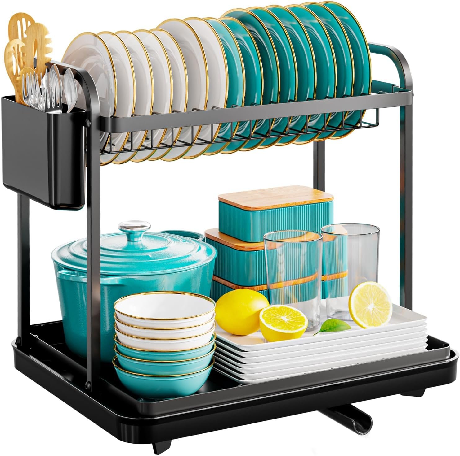 Sakugi 2-Tier Dish Drying Rack – Stainless Steel Dish Rack with Cutlery & Utensil Holders for Kitchen Counter, Sink Organization and Storage Essentials, Home Decor, 15″ W x 11.4″ L x 15″ H, Black