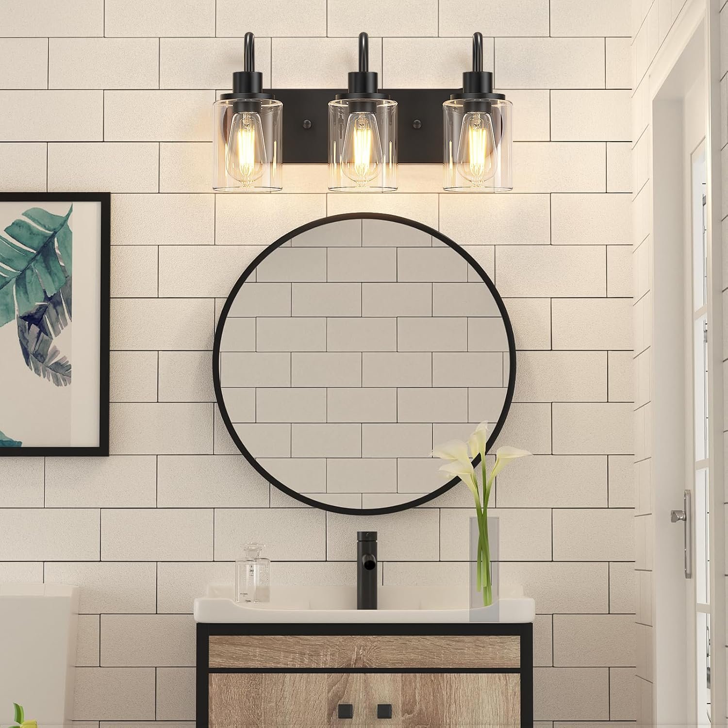 3-Light Bathroom Light Fixtures, Black Vanity Light Farmhouse Wall Sconces with Clear Glass Shade, Modern Bathroom Wall Lamp for Mirror Bedroom Hallway Living Room Cabinet