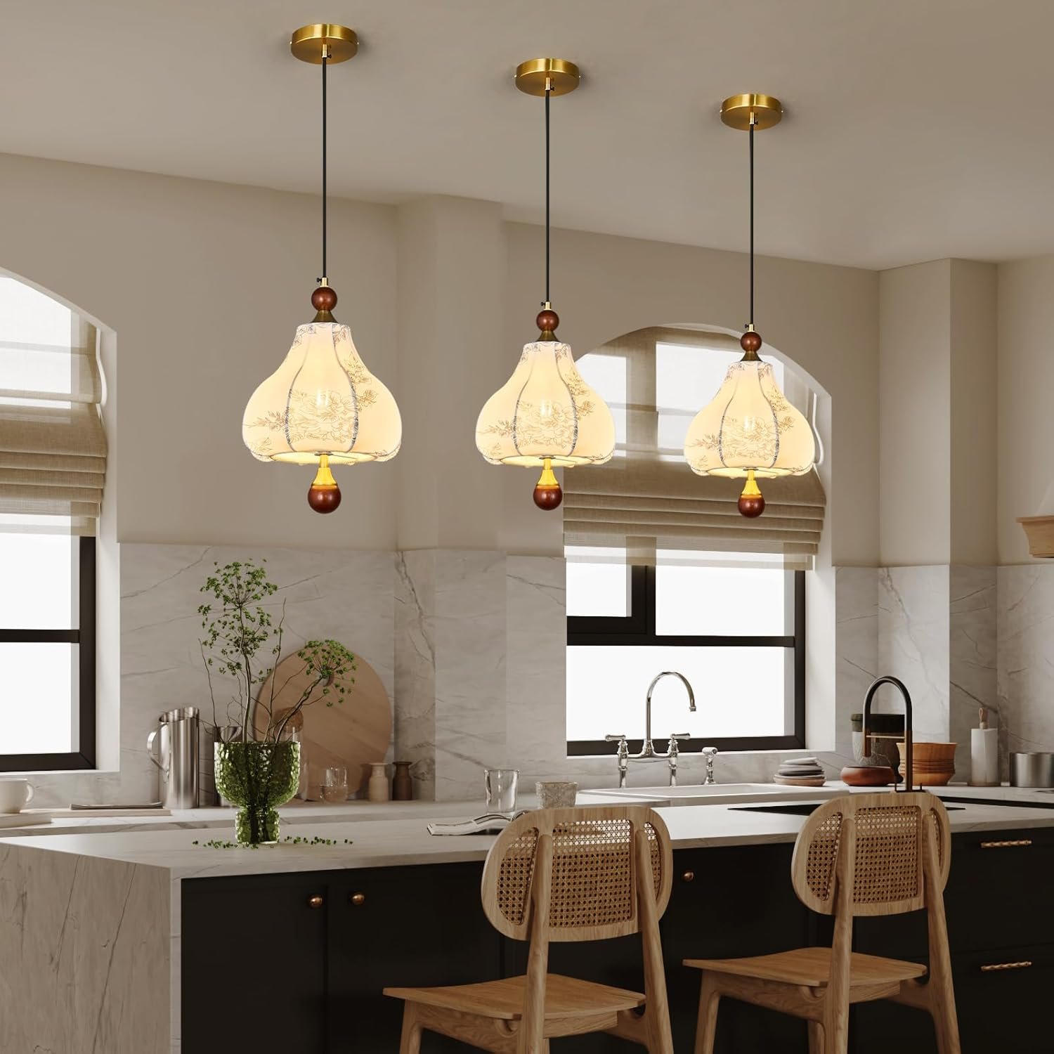 Fabric Pendant Light, Modern Wood Single Head Hanging Lamp, Brass Finished Adjustable Pendant Lighting Fixture,Vintage Chandelier for Bedside, Hallway, Bedroom, Kitchen Island, Restaurant