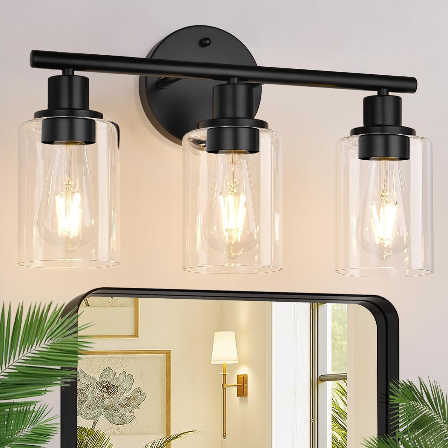 3-Light Bathroom Light Fixtures, 17.23″ Black Modern Vanity Lights with Clear Glass Shade, Bathroom Wall Lamp for Mirror Kitchen Living Room Hallway Cabinet Porch