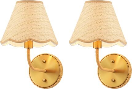 Elycucpa Boho Hand Woven Rattan Wall Sconces Set of Two Rustic Industrial Wall Lamp Brass Farmhouse Wall Lights for Bedroom Living Room Hallway Vanity, Dia 11”, UL Listed