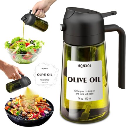 Oil Sprayer for Cooking, 2 in 1 Olive Oil Dispenser Bottle for Kitchen, 16oz/470ml Premium Glass, Food-grade Oil Mister for Air Fryer, Salad, Frying, BBQ (Black + Dark Green Bottle)