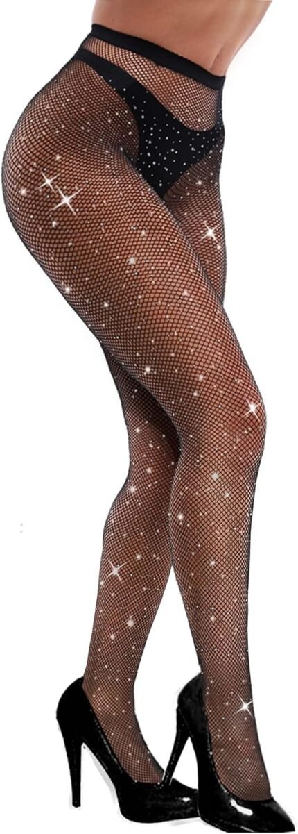 VEBZIN Sexy Sparkly Fishnets Stockings Jeweled High Waist Fishnet Tights for Women Rhinestone Party Pantyhose