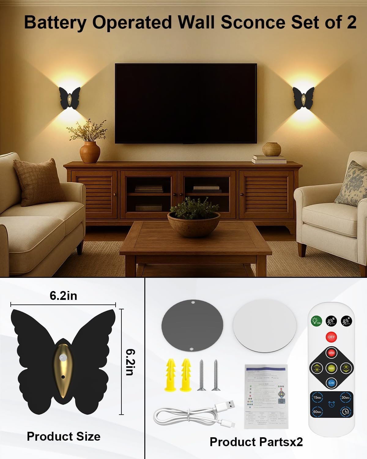 Battery Operated Wall Sconce Set of 2: 5000mAh Rechargeable Motion Sensor Night Light Wireless Wall Sconces Magnetic Closet Lights Stair Light Indoor Up and Down Wall Lamp for Bedroom Hallway