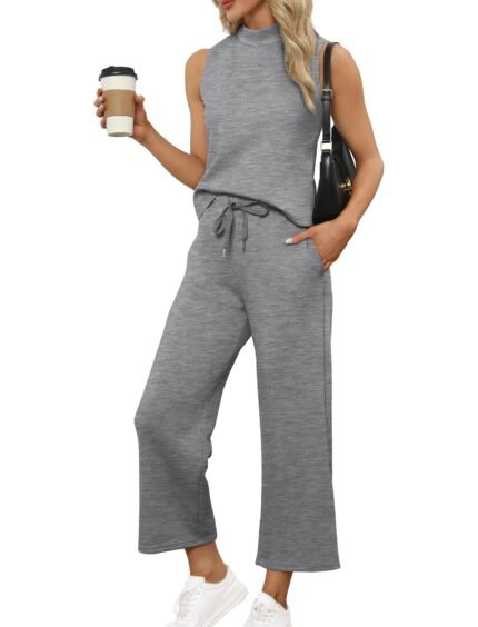 Two Piece Sets for Women Summer Outfits Lounge Sets Mock Neck Tops Wide Leg Crop Pants Vacation Travel Outfits