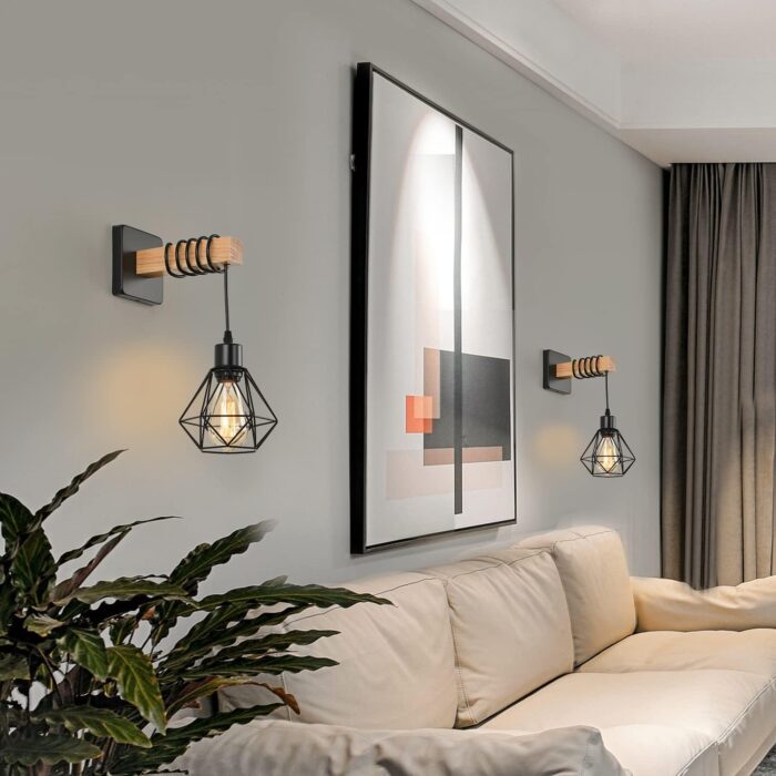 Rustic Wall Sconces Fixtures with Plug in Cord, Set of Two Indoor Vintage Rattan Wall Light Industrial Lamp Fixture Farmhouse Metal Sconces Light for Bedroom Bedside Living Room - Image 3