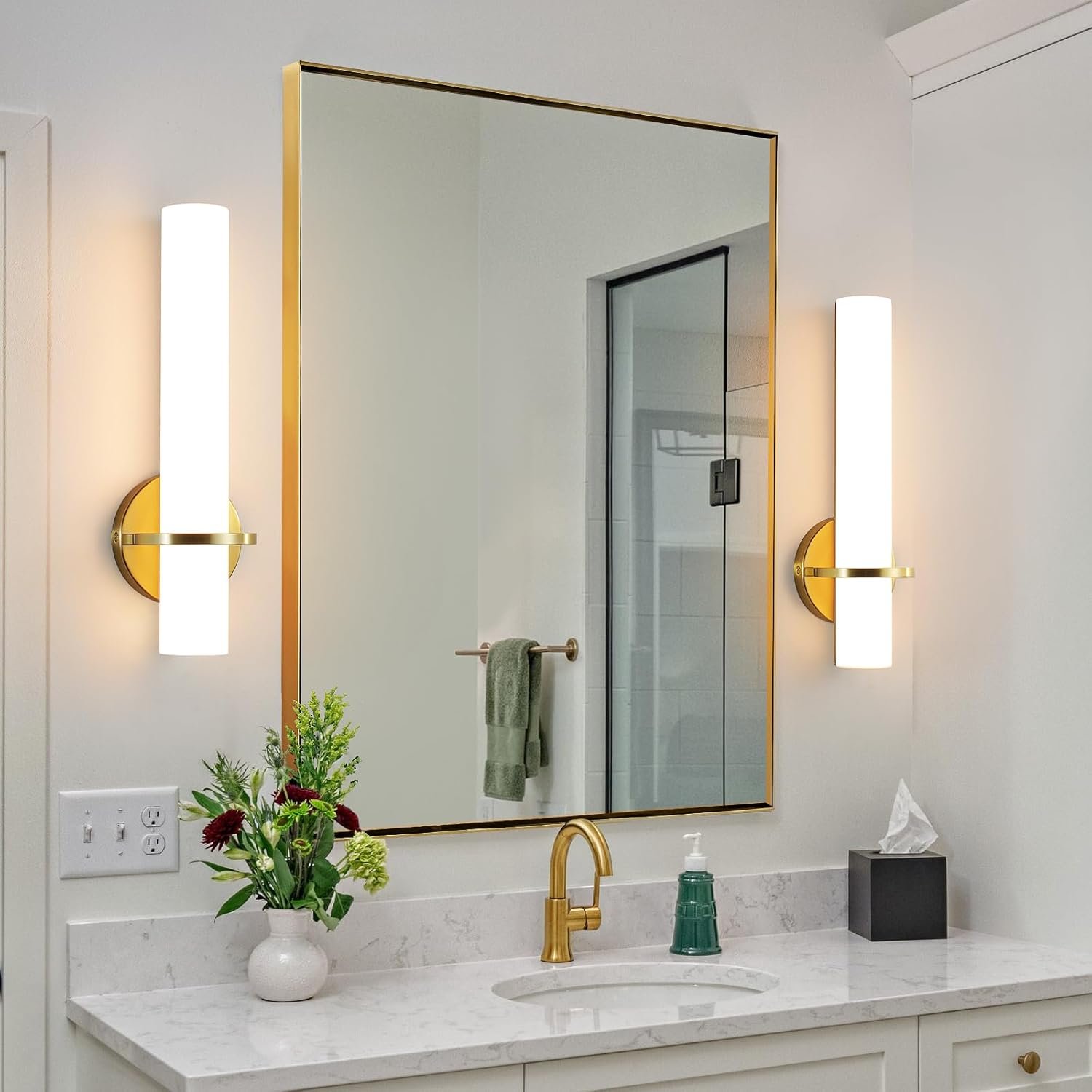 Wall Sconces – 15 inch Gold Wall Sconces Set of Two Modern Bathroom Sconce 15W Dimmable LED Wall Sconce Light with Acrylic Lampshade, Bathroom Vanity Light for Mirror Living Room Hallway 3000K
