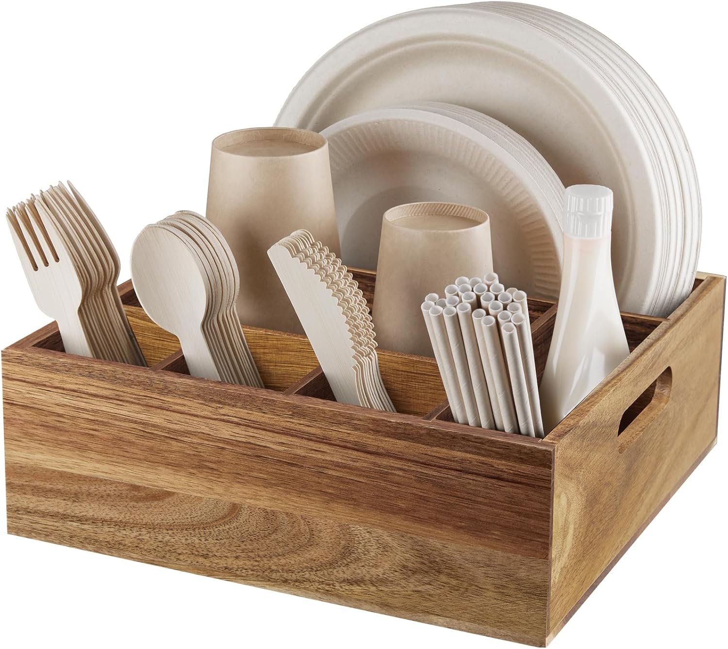 ALELION Acacia Wood Utensil Holder for Party – Paper Plate Organizer for Countertop – Silverware Caddy with 6 Compartments for Plate, Cup, Fork, Spoon – Cutlery Holder for Kitchen Camping Buffet