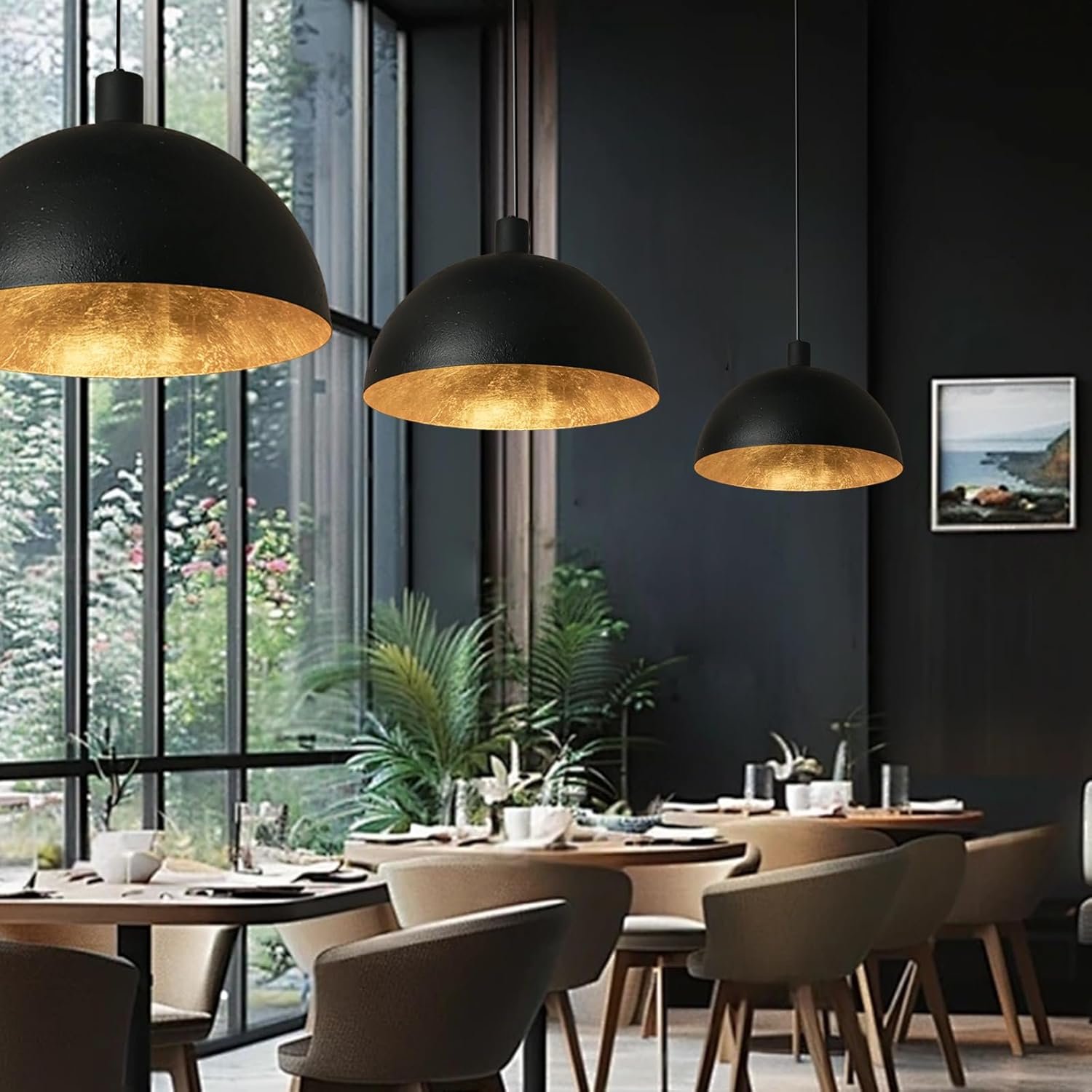 15 Inch Black and Gold Leaf Pendant Light, Grainy Matte Black Dome Chandelier with Hand-Applied Gold Leaf Interior, E26 Socket for Kitchen Island, Dining Room, or Bar