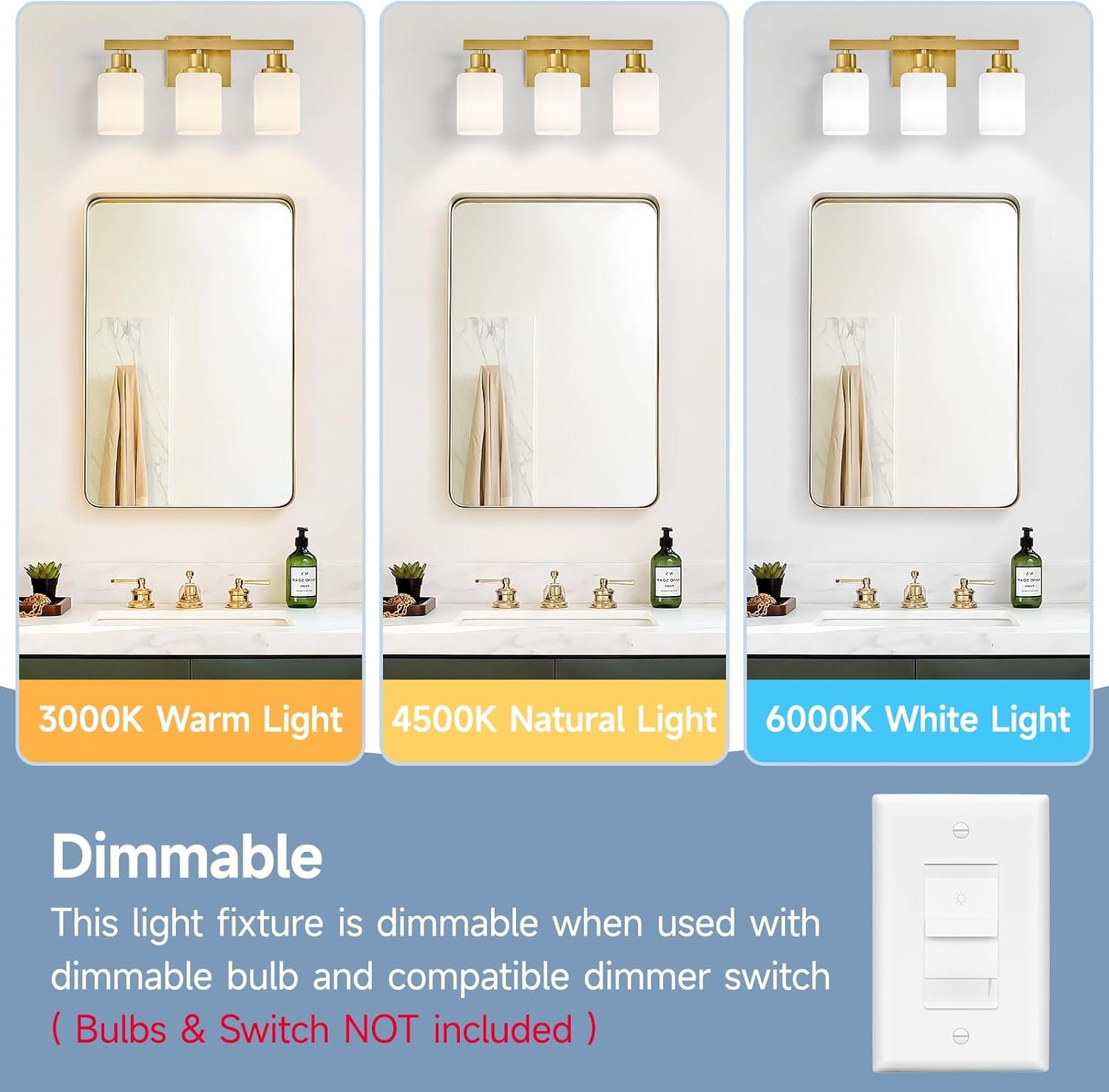 Bathroom Vanity Light,3-Light Gold Modern Bathroom Light Fixtures with Square Frosted Glass,Gold Wall Lamp Sconces for Mirror Bedroom,Living Room Hallway, E26