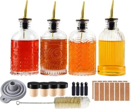 Syrup Dispenser Bottles Set, 4 Pack 7 OZ Bottles With Metal Pour Spout and Labels for Syrups, SC055 (4 Pack)