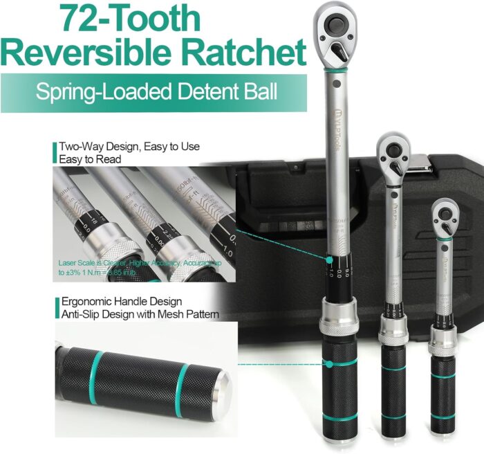 3-Piece Click Torque Wrench Set – 1/4", 3/8", 1/2" Drive, ±3% Accuracy, 72-Tooth Ratchet, Dual-Direction, Chrome Vanadium Steel, Includes Storage Cases - Image 7