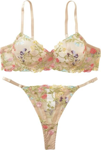 Sexy Floral Embroidered Flower Mesh Underwire Push Up Lingerie Set