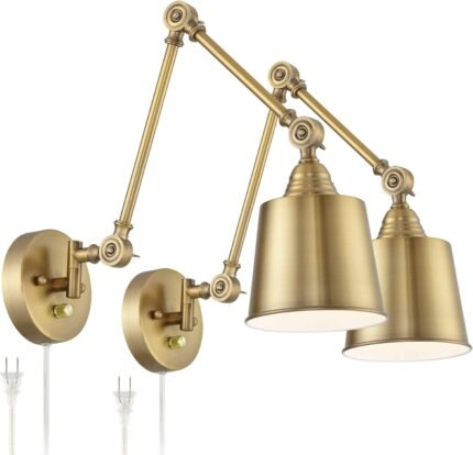 360 Lighting Mendes Modern Swing Arm Adjustable Wall Lamps Set of 2 Antique Brass Plug-in Light Fixture Up Down Metal Shade for Bedroom Bedside House Reading Living Room Home Hallway Dining