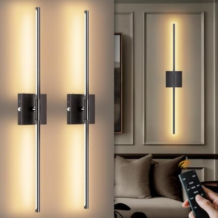 42 Inch Battery Operated Wall Sconces: 20000mAh Wireless Wall Light Set of 2 with Remote – LED Dimmable Rechargeable Wall Lamp – 360 Rotating Cordless Large Wall Sconce for Living Room Bedroom Hallway