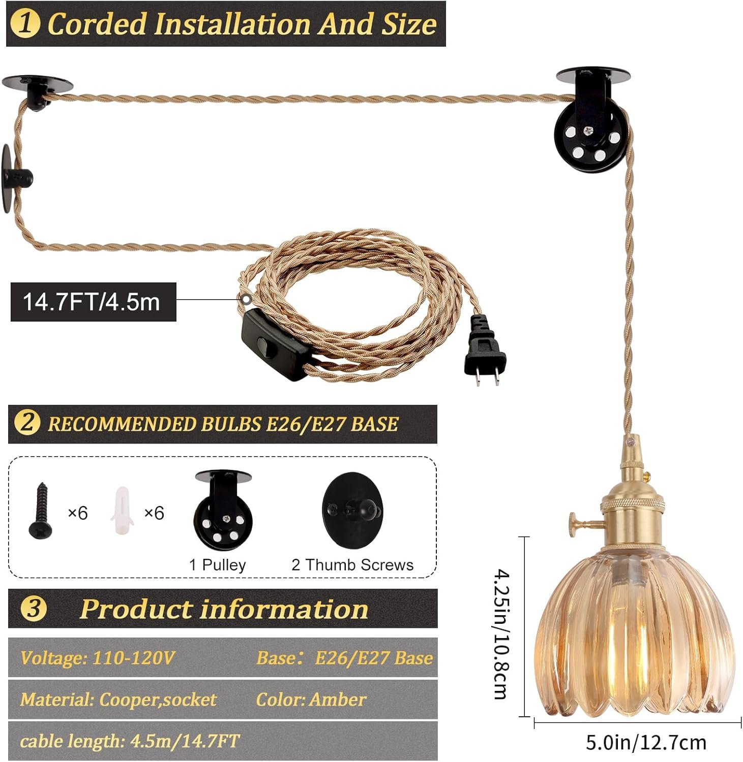 Mini Plug in Pendant Light Hanging Light Fixture Corded On/Off Switch Brass Pendant Light with Amber Tulip Glass Lampshade for Bedroom Living Room Kitchen Island