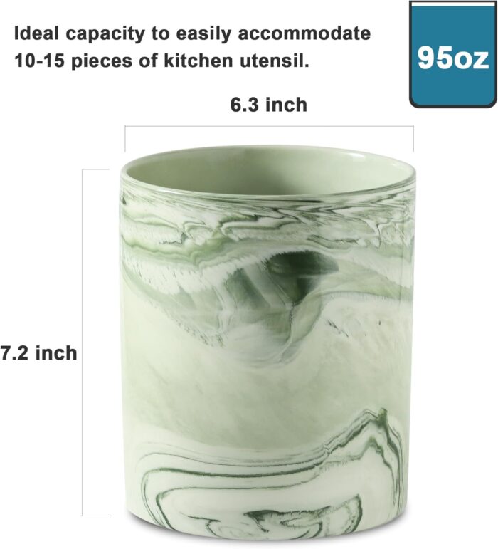7.2 inch Large Utensil Holder for Kitchen Counter, Marble Utensil Crock Spatula Holder for Countertop Cooking Tools Storage Caddy Farmhouse Kitchen Decor (Marble-Green) - Image 3